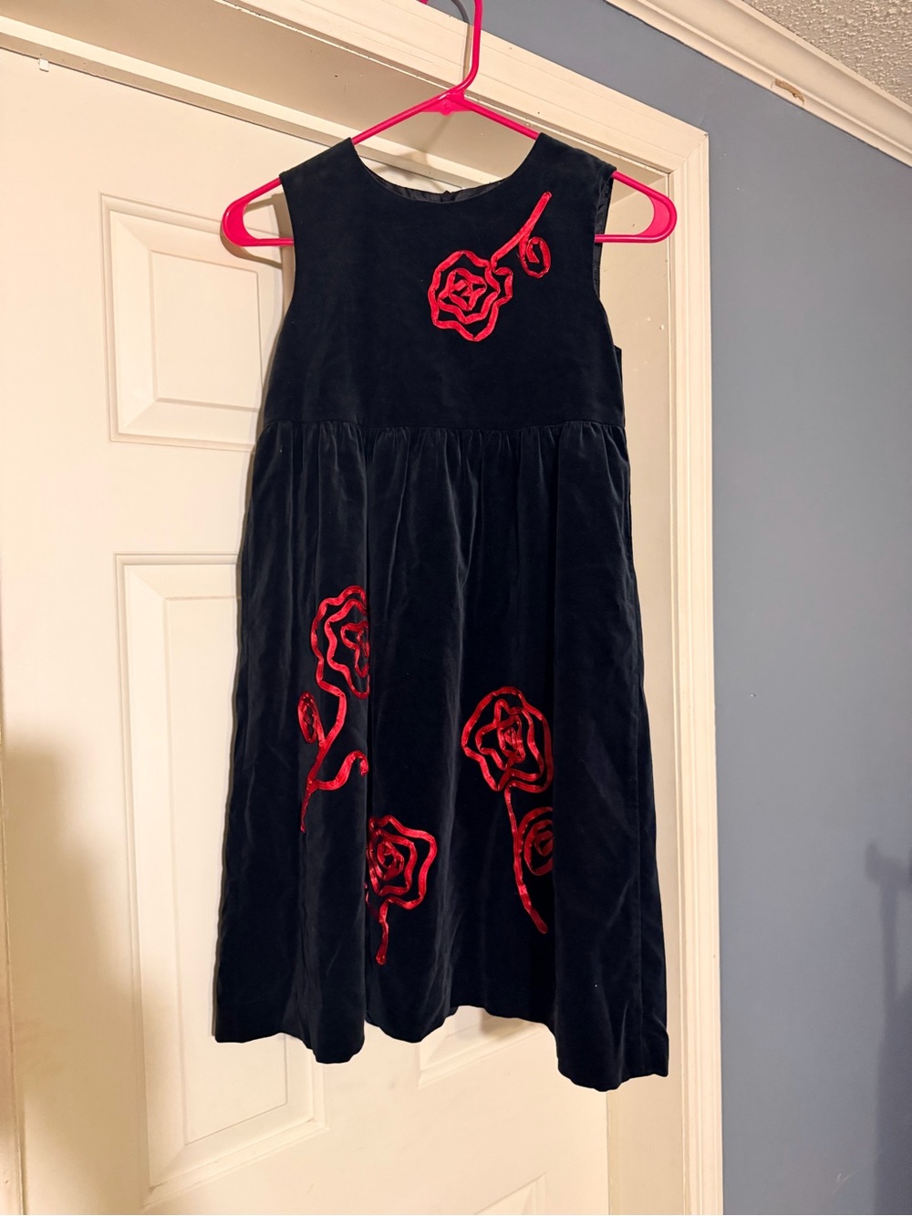 Hanna Andersson Black Velvet Dress with Red Rose Appliqués
